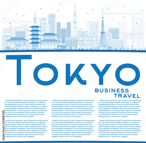 Outline Tokyo Skyline with Blue Buildings and Copy Space.