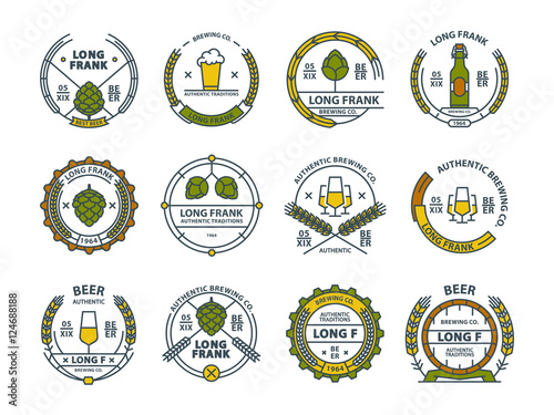 Outline colorful vector beer emblems, symbols, icons, pub labels, badges collection.