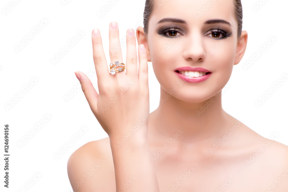 Fototapeta premium Woman with engagement ring isolated on white