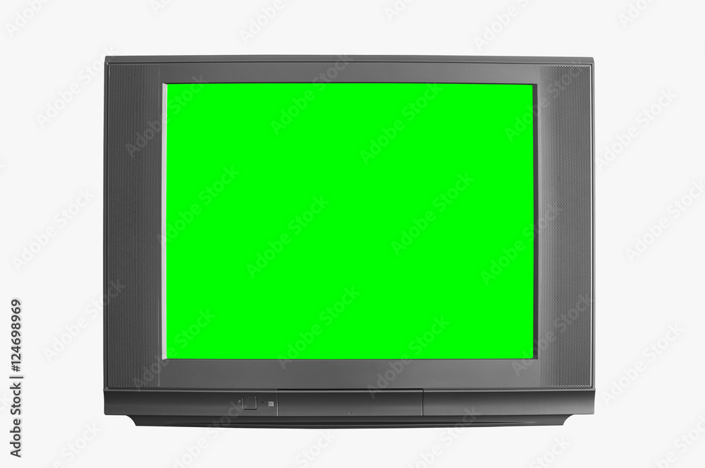 Foto de front view modern blank black television or tv and green screen do Stock Adobe Stock