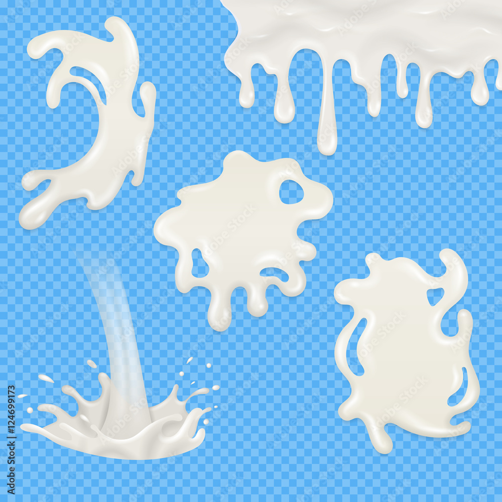 Realistic milk, yogurt, cream splashes, pouring and blots vector set isolated on transparent checkered background
