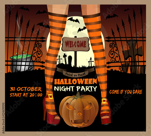 Halloween night party. Sexy female legs in striped stockings on a background of the cemetery. Halloween poster design. Vector illustration