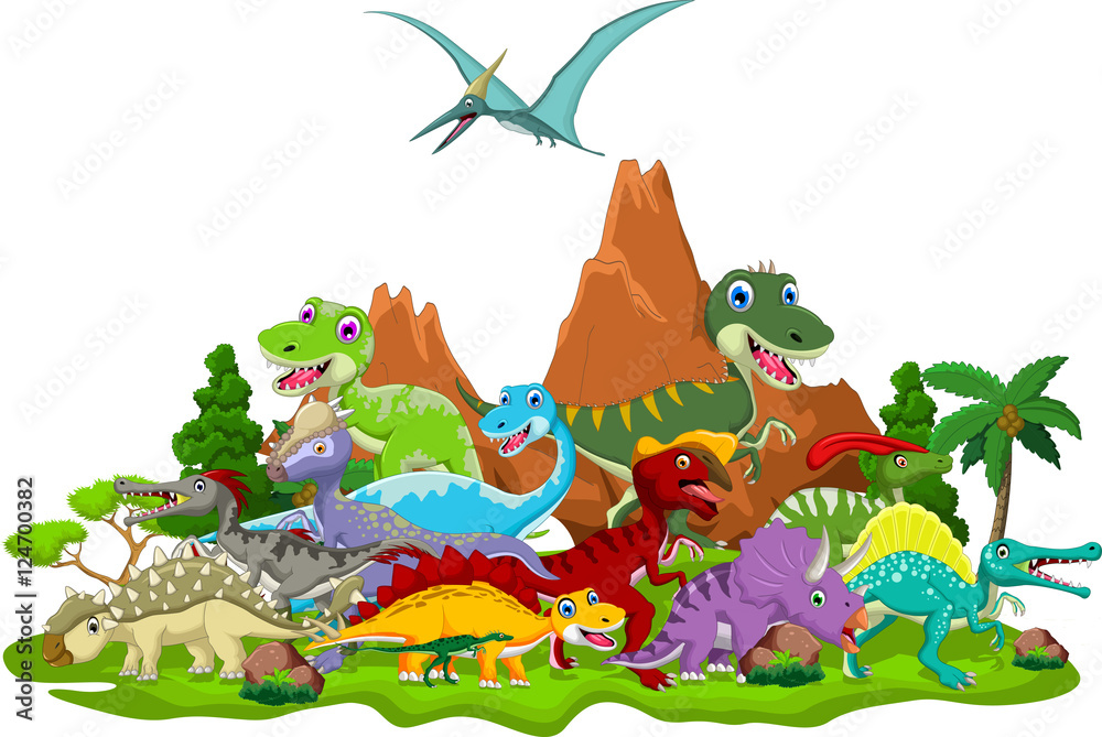 Naklejka premium Dinosaur cartoon with landscape background