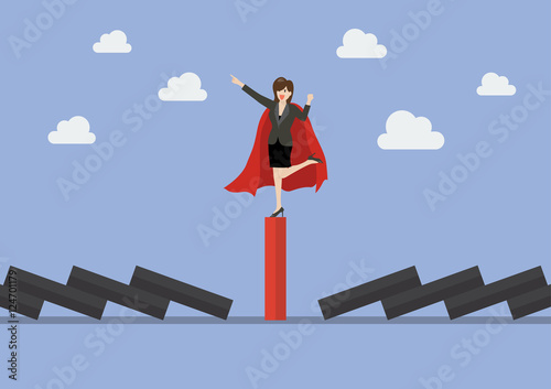 Business woman on unique red domino tile among falling black dom