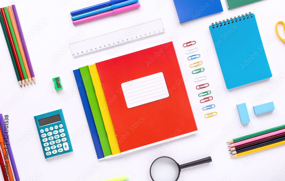 School supplies on white background, top view School supplies on white background, top view