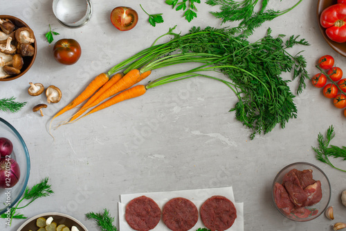 Frame of food for cooking helpful food on white surface