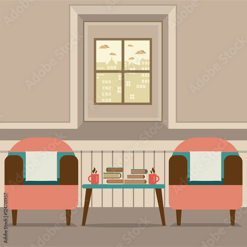 Two Sofas With Hot Coffee Cup And Books On Table Vector Illustration