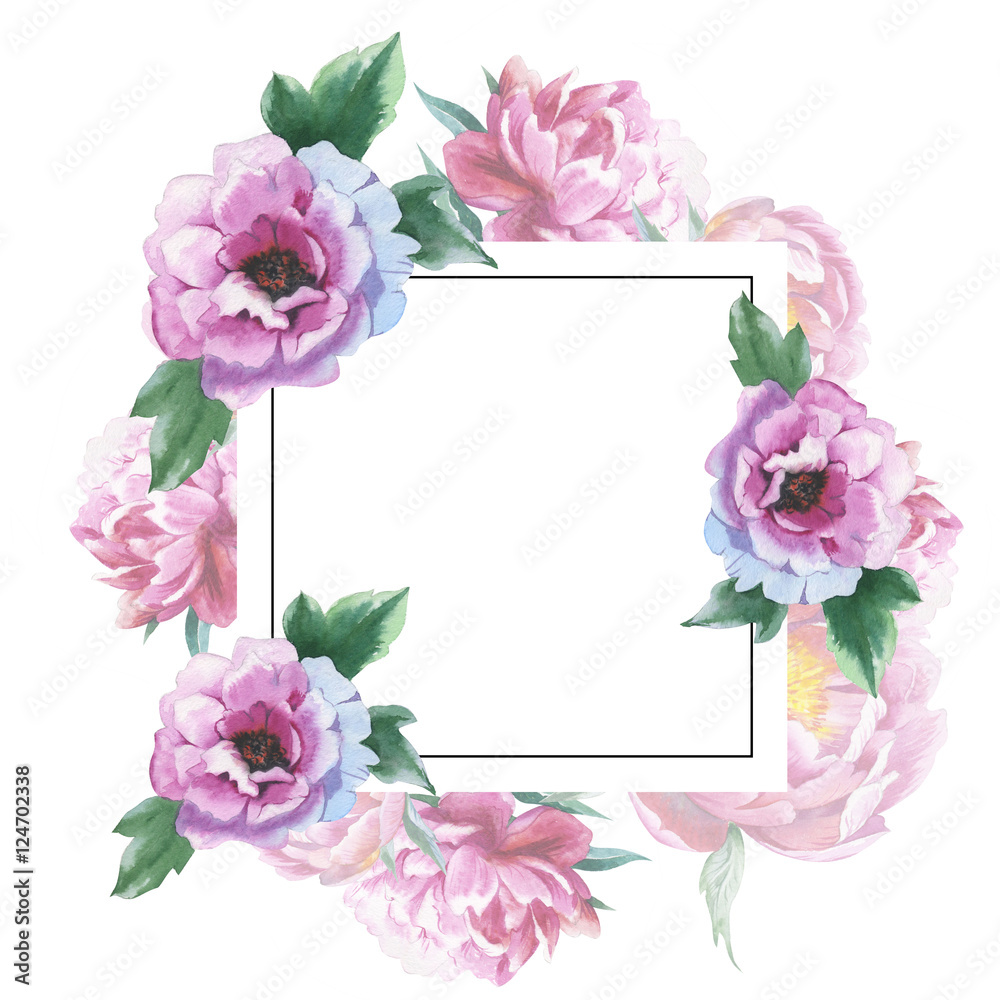 Wildflower peony flower frame in a watercolor style isolated. Aquarelle wild flower for background, texture, wrapper pattern, frame or border.