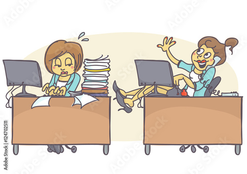 Female coworkers in office, one is working hard and has lot of work, other is lazy, talking on the phone and painting her nails. Vector cartoon of bad coworker situation at job. Bad behavior at work.
