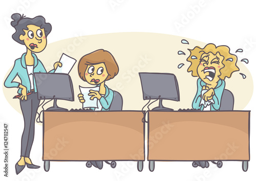 Two business woman collaborating and working hard while the third one is crying, not able to cope with stress. Vector cartoon of office crisis. Bad behavior at work.