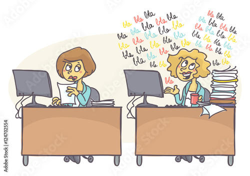 Female coworkers at the office, one is working hard while other one is babbling, does not care for work that is piling. Bad behavior at work. Vector cartoon of coworker problems.