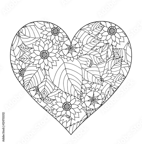 Hand drawn flower heart for adult anti stress.