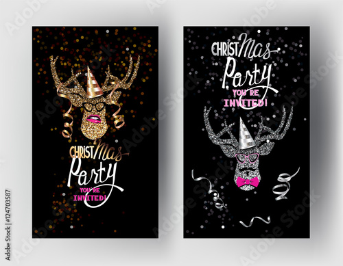Christmas party invitation cards with sparkling deer heads and christmas design elements