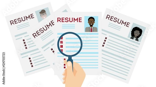 african american man Job interview and recruitment business concept, holding resume and magnifying glass, girl cv Loop with alpha channel