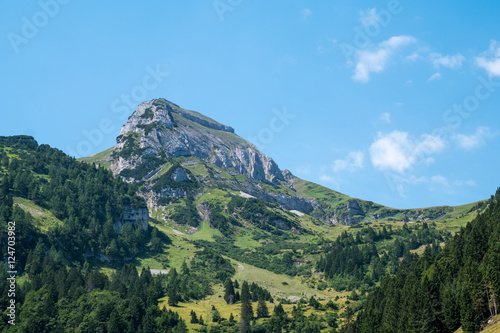 A Swiss mountain in the blue sky