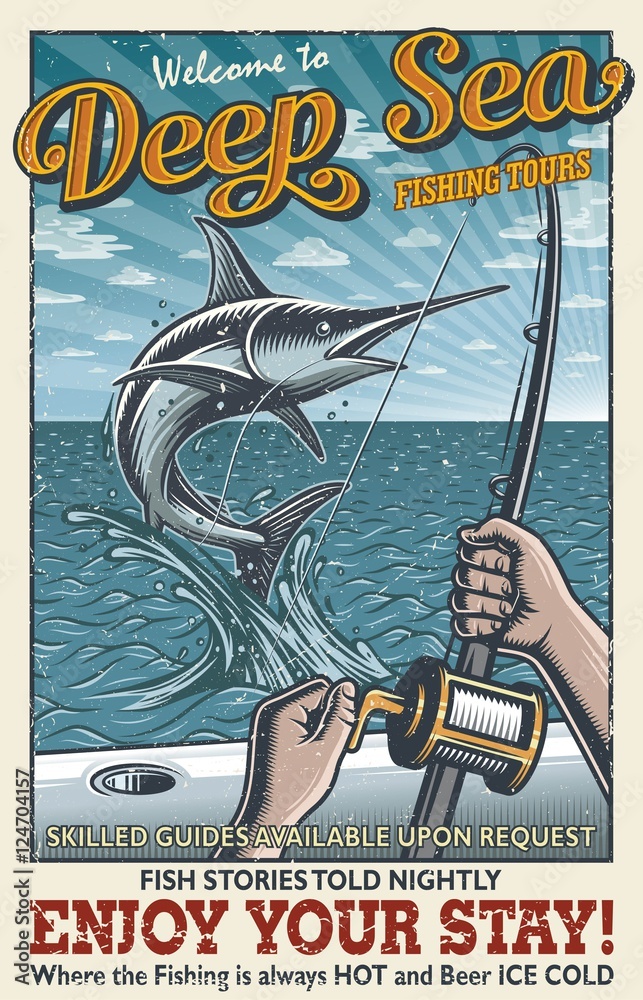 Vintage deep sea fishing poster with hands holding fishing rod, catching  swordfish in the open sea on the boat. With grunge texture. Layered,  separate text and texture. Stock Vector