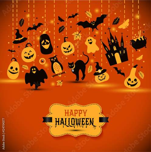 Halloween banner on orange background. Invitation to night party