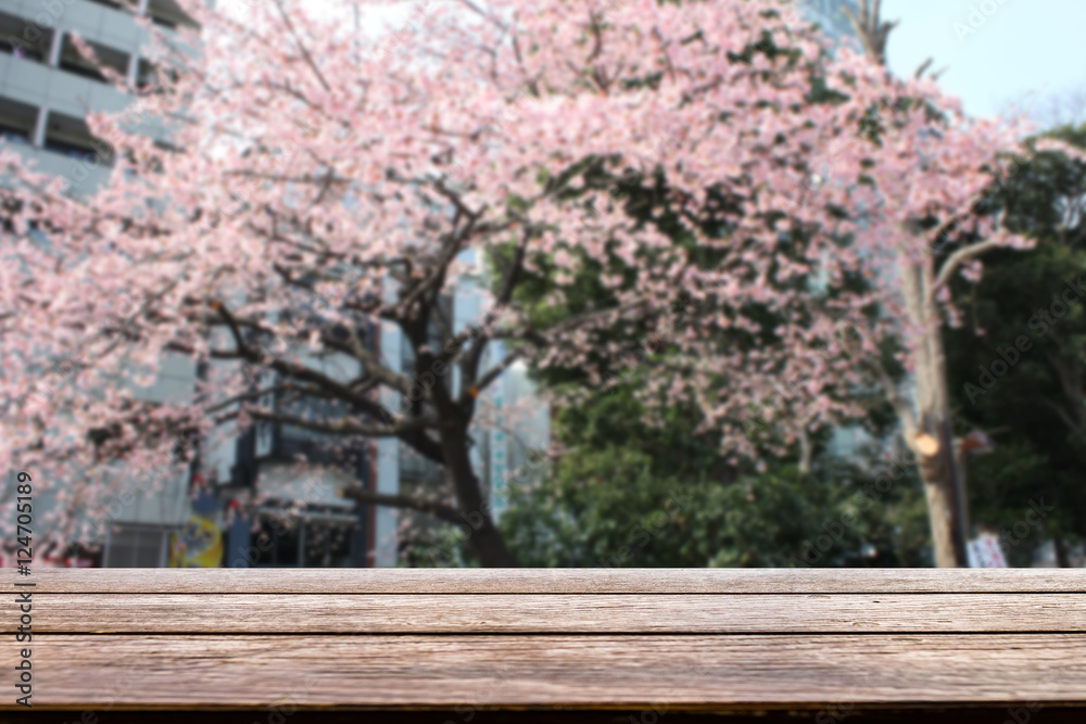 Empty wooden on blurred pink white sakura cherry blossom in japan