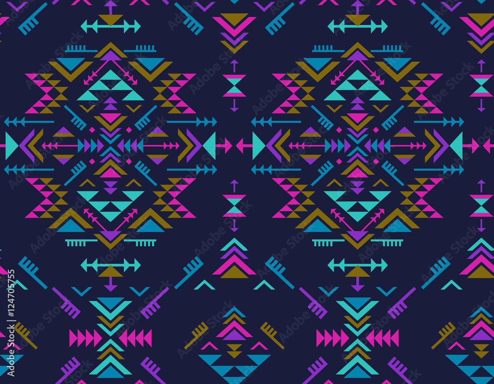 Colorful ethnic seamless pattern with geometric shapes.