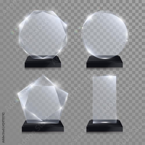 Glass trophy award. Vector crystal 3D transparent