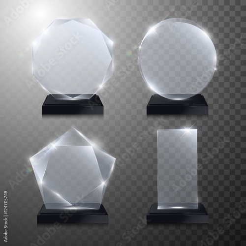 Glass trophy award. Vector crystal 3D transparent
