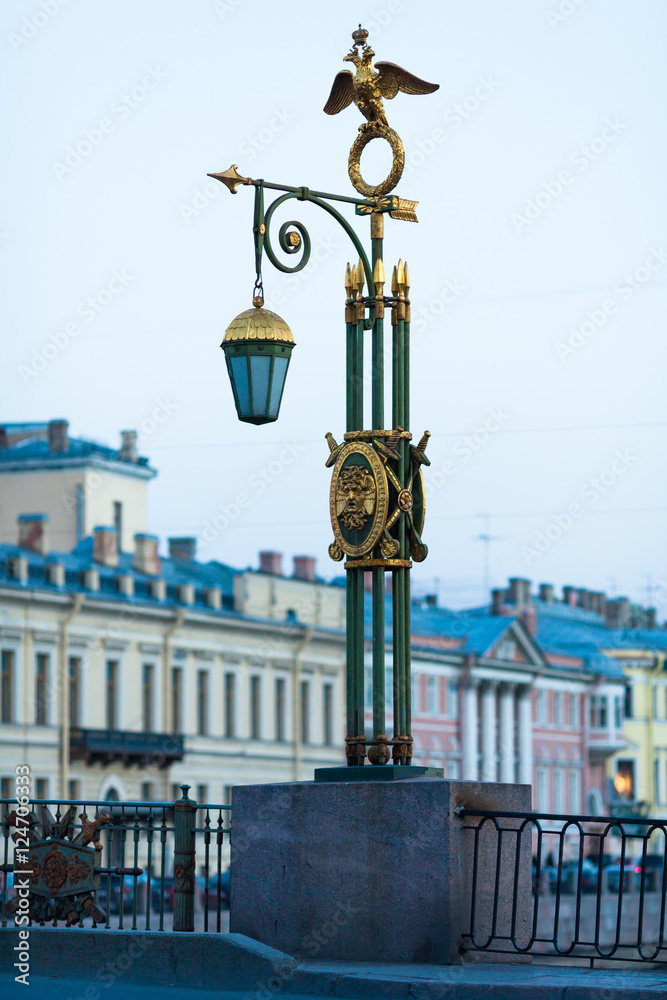Lantern on Panteleymonovsky Bridge across the Fontanka River in Saint Petersburg, Russia
