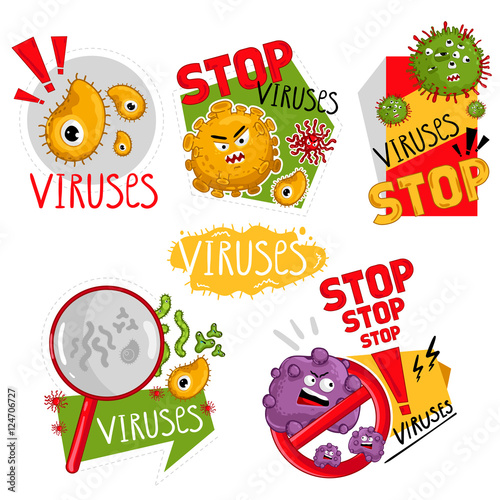 Cartoon viruses characters isolated vector illustration on white background. Cute fly germ virus infection vector characters. Funny micro bacteria characters. Stop viruses symbol.