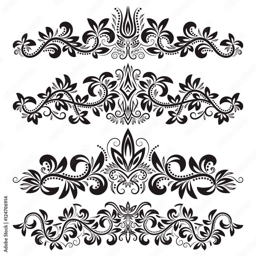 Ornate decorative ornaments. Design ornamental elements. Vintage headline decorations set. Floral tattoo in baroque style.