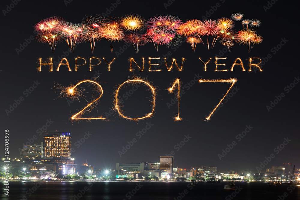 2017 Happy New Year Fireworks over Pattaya beach at night, Thail