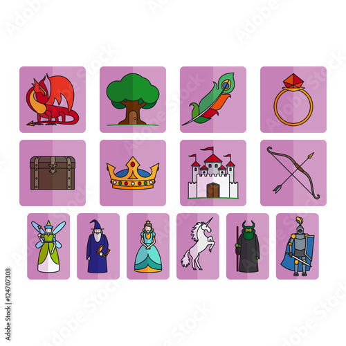 Fairy tale elements in flat style, vector set