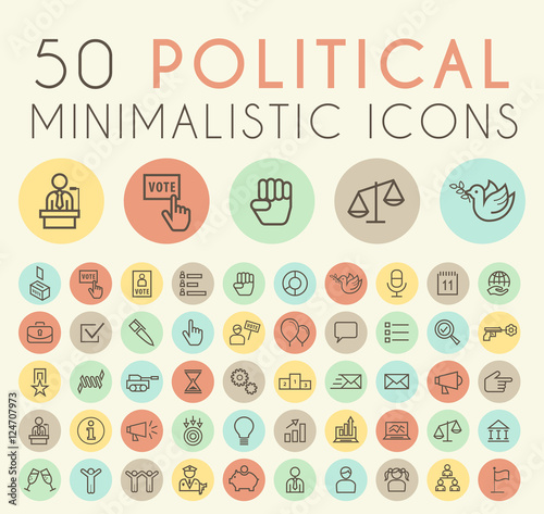 Set of 50 Isolated Universal Minimal Simple Thin Line Political Icons on Circular Color Buttons.