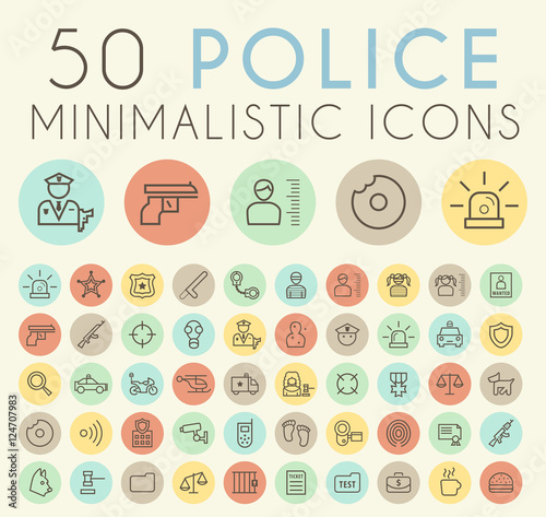 Set of Isolated Universal Minimal Simple Thin Line Police Icons on Circular Color Buttons.