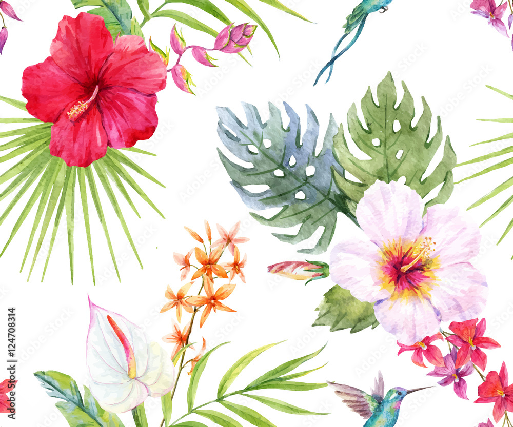 Naklejka Akwarela tropikalny kwiatowy wzór