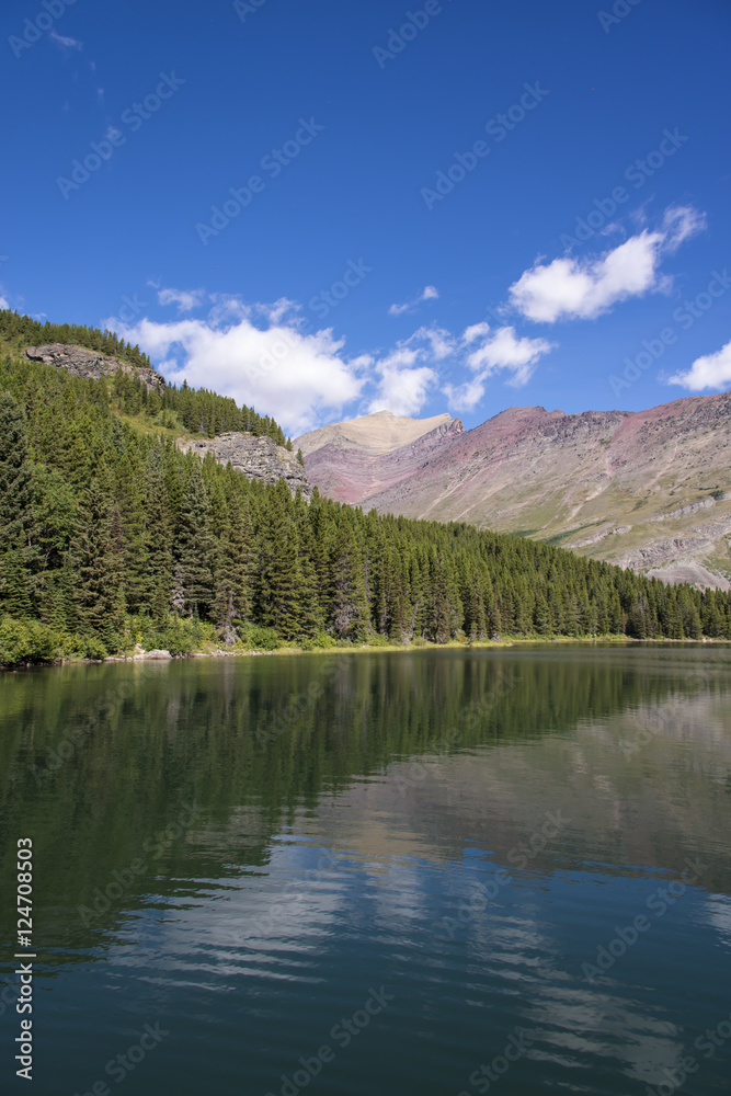 Reflection of landscape on the lake in Glacier National Park