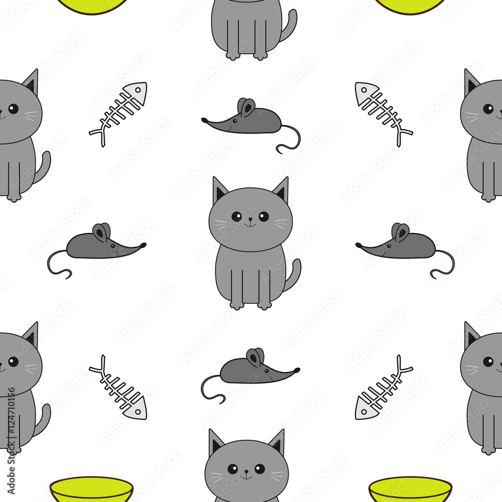 Cute gray cartoon cat. Bowl, fish bone, mouse toy. Funny smiling character.  Contour Isolated. Seamless Pattern White background. Flat design. Stock  Vector | Adobe Stock