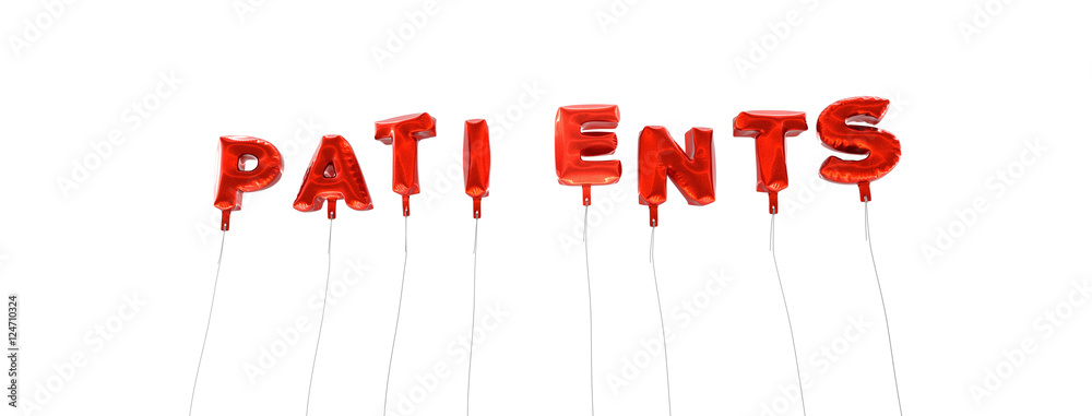 PATIENTS - word made from red foil balloons - 3D rendered. Can be used for an online banner ad or a print postcard. PATIENTS - word made from red foil balloons - 3D rendered. Can be used for an online banner ad or a print postcard.