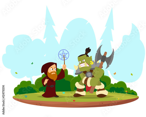 fantasy battle between the magician and orc.