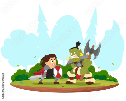 fantasy battle between the knight and orc.