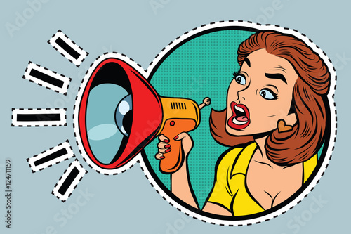 Comic woman agitator shouts into a megaphone