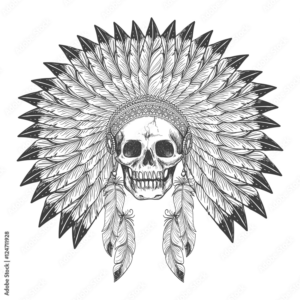 Native american indian apache skull with indian feather headdress ...