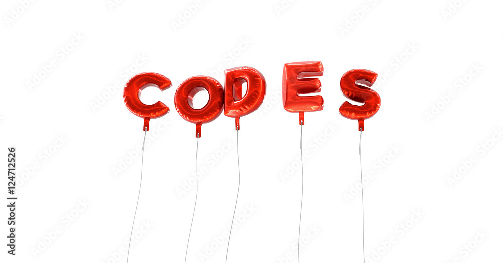 CODES - word made from red foil balloons - 3D rendered. Can be used for an online banner ad or a print postcard. CODES - word made from red foil balloons - 3D rendered. Can be used for an online banner ad or a print postcard.