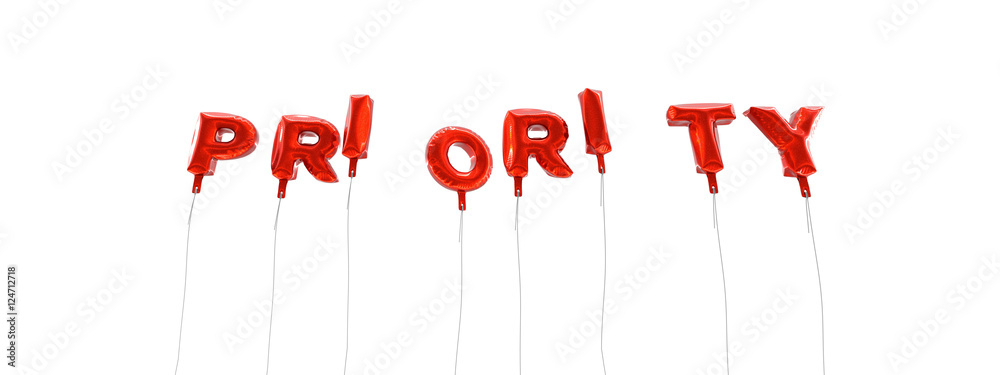 PRIORITY - word made from red foil balloons - 3D rendered. Can be used for an online banner ad or a print postcard. PRIORITY - word made from red foil balloons - 3D rendered. Can be used for an online banner ad or a print postcard.