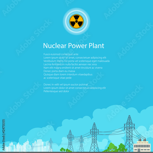 High Voltage Power Lines Supplies Electricity to the City, Electric Power Transmission, Poster Brochure Flyer Design, Radiation Sign, Vector Illustration
