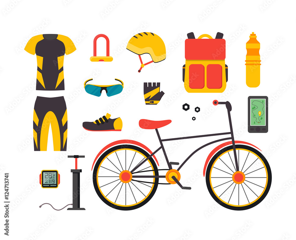 Bicycle and Accessories Set. Sportive Lifestyle. Vector Bicycle and Accessories Set. Sportive Lifestyle. Vector