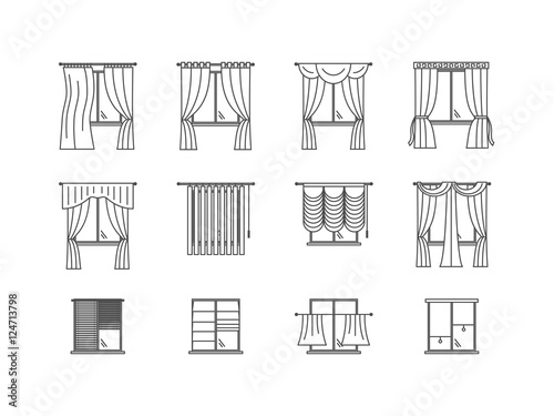 Curtains Types Thin Line Set. Vector