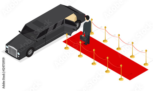 Limousine and Red Carpet Isometric View. Vector