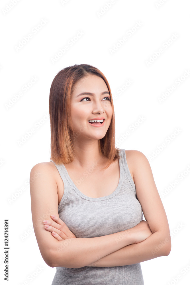 attractive asian woman thinking isolated on white background