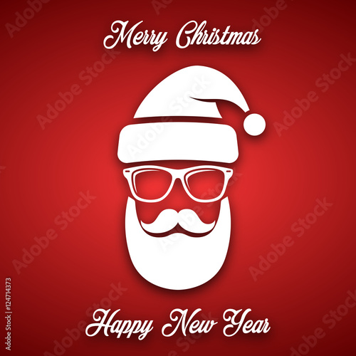 White silhouette of Santa Claus with a cool beard, mustache and glasses on a red background