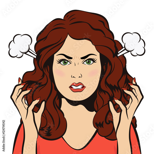 Young angry woman with steam blowing from ears. Negative Emotions. Bad Mood. Young furious Girl. Pop Art Banner. Vector cartoon illustration.
