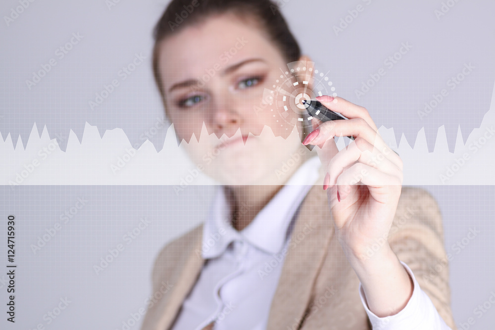 Young woman working with graph chart. Future technologies for busines, stock market concept. Young woman working with graph chart. Future technologies for busines, stock market concept.